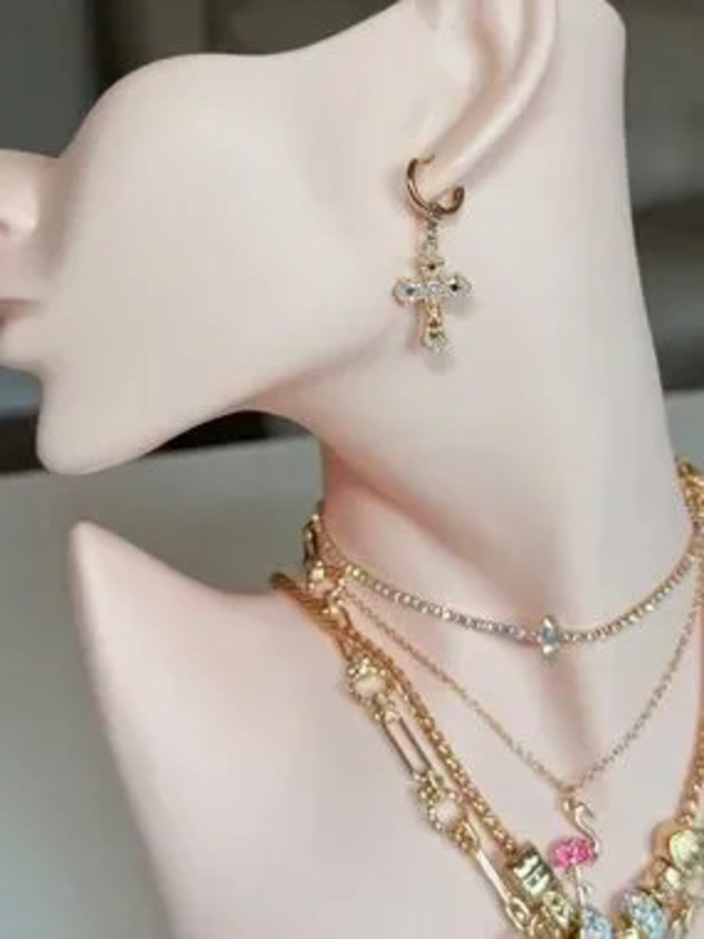 Gold Cross Huggie Earring with Multicolor Gemstones
